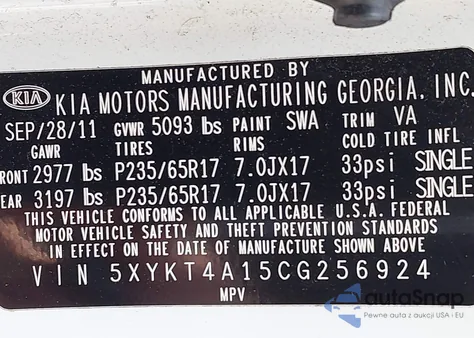 2012 Kia Sorento Lx z USA, uszkodzony, nr VIN 5XYKT4A15CG256924